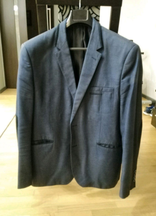 Чоловічий піджак, синій з сірою ниткою. Розмір 56.