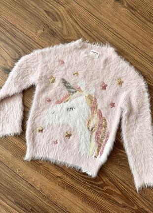 Розовый пудровый свитер травка с пайетками единорог лошадь