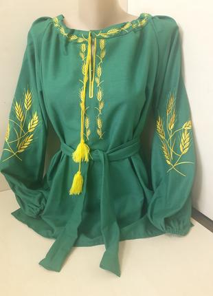 Женская рубашка вышиванка лен зеленая с поясом Для пары р.42 - 60