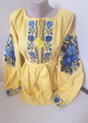 Жіноча сорочка вишиванка льон жовта з поясом Для пари р.42 - 60