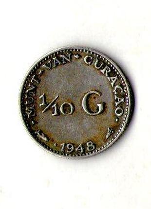 Кюрасао(Нидерландские) 1/10 гульдена 1948 серебро Королева Вил...