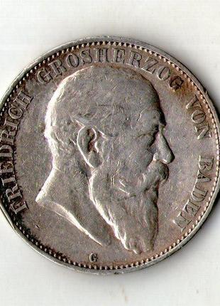 Німецька імперія - Германская империя БАДЕН 5 марок 1903 срібл...