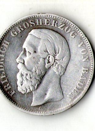 Німецька імперія - Германская империя БАДЕН 5 марок 1876 срібл...