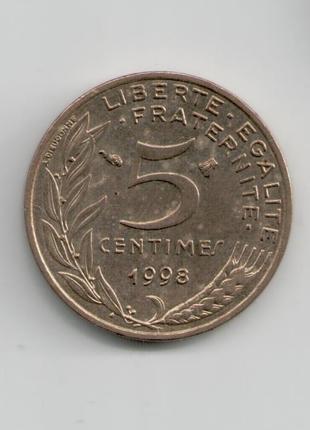 Монета Франция 5 сантимов 1998 года