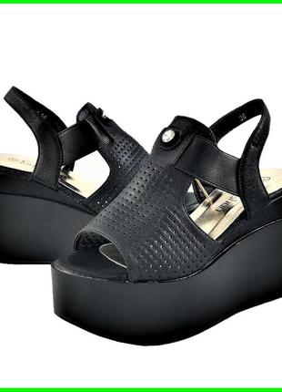 Жіночі сандалі босоножки на танкетці платформа чорні літні (ро...