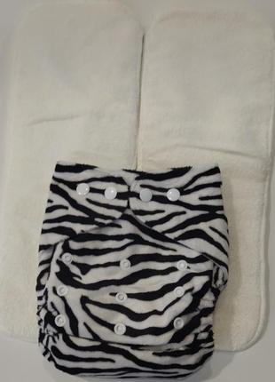 Комплект : багаторазовий велюровий  підгузник +2 вкладки "зебра"