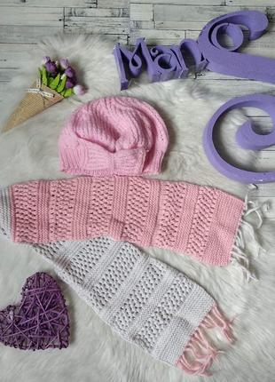 Набор шапка берет и шарф для девочки розовый размер 51-53 (4-6...