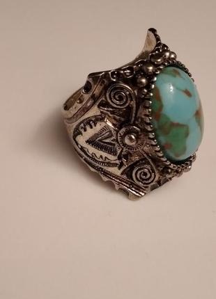 Кольцо перстень серебряного цвета с бирюзовым камнем 20 размер