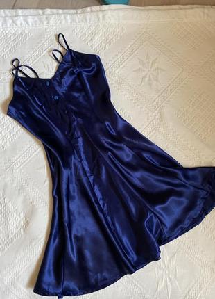 Платье атласное синее короткое атласная комбинация ночная руба...