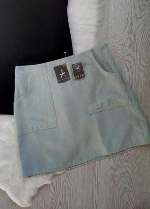 Голубая мятная замшевая юбка трапеция с карманами короткая мини