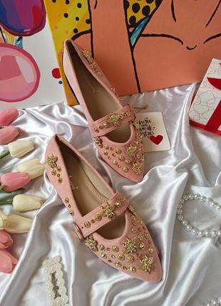 Туфли балетки пудровые розовые с декором замшевые из эко замши