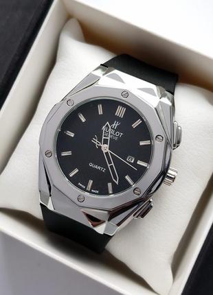 Серебристые наручные мужские часы с черным циферблатом, каучук...