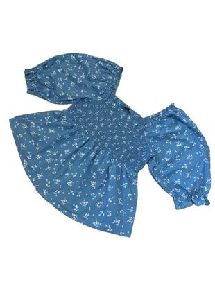 Блуза голубая цветочная баска квадратный вырез с пышными рукав...