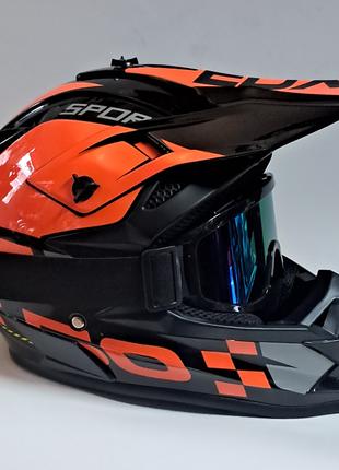 Кроссовый мото шлем EDX Чёрно оранжевый глянец Размер М , L + ...