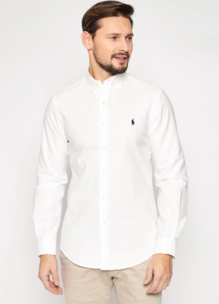 Белоснежная мужская рубашка polo ralph lauren custom fit white...
