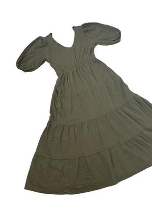 Платье хаки многоярусное миди с рукавами буфы, толстая ткань