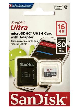 Карта памяти 16 GB microSD SanDisk Ultra UHS-I с адаптером
(SD...