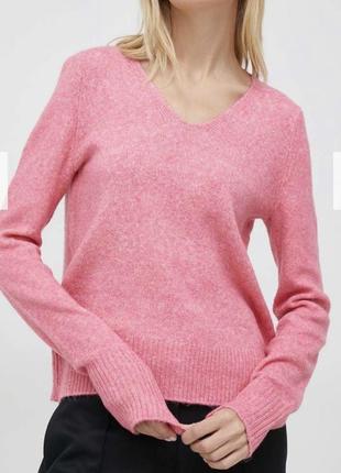 Яркий розовый свитер с v вырезом оверсайз плотный s m