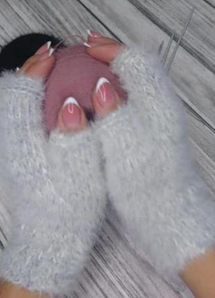 Женские вязаные митенки - перчатки без пальцев (серые) - зимни...