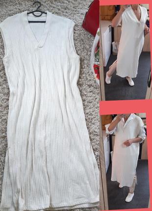 Стильное белое платье/туника в рубчик с разрезами, h&amp;m,  p...