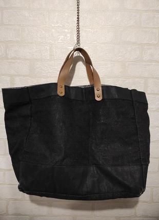 Об'ємна текстильна сумка, шопер зі шкіряними ручками