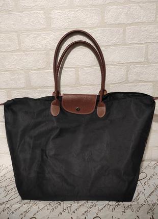 Объемная текстильная сумка, шоппер с кожаными ручками