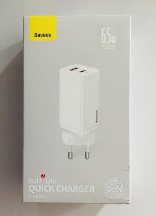 Зарядное устройство baseus gan2 lite quick charger c + u 65w e...