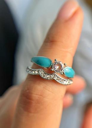 Двойное кольцо с голубой эмалью