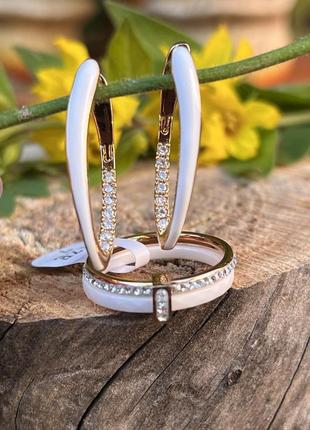 Набор керамических украшений кольцо и серьги в золоте