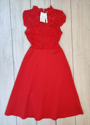 Красива червона стрейчева вечірня сукня з мереживом s
