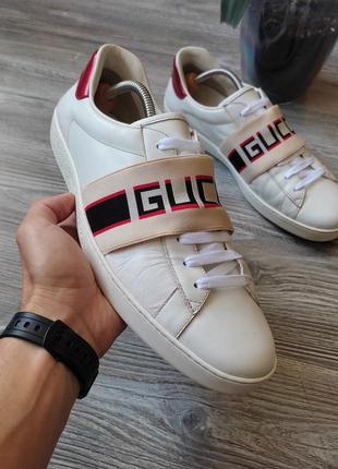 Шкіряні чоловічі кросівки gucci ace stripe ivory men's