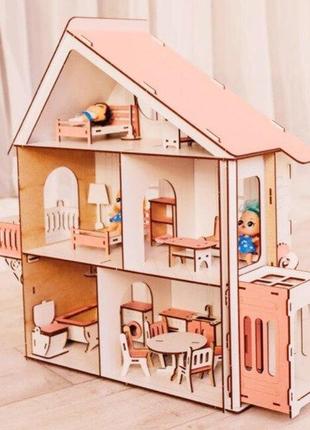 Деревянный детский трехэтажный кукольный домик для кукол на 5 ...