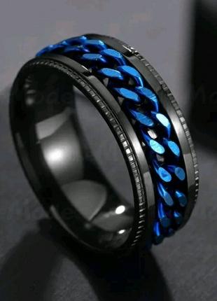 Мужское женское кольцо спинер черное вставка синяя 16-23