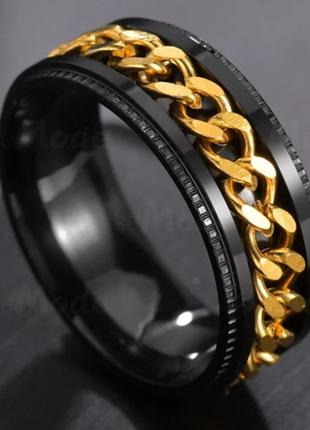 Мужское женское кольцо спинер черное вставка золотистая 18-23