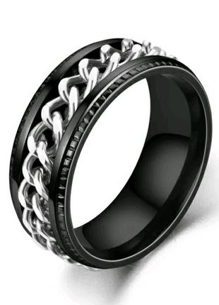 Мужское женское кольцо спинер черное вставка серая 18-23