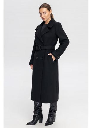 Двубортное пальто женское демисезонное черное английским ворот...