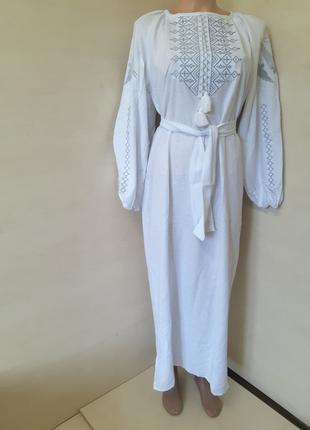 Лляне жіноче плаття Вишиванка для пари максі біле сіра вишивка...