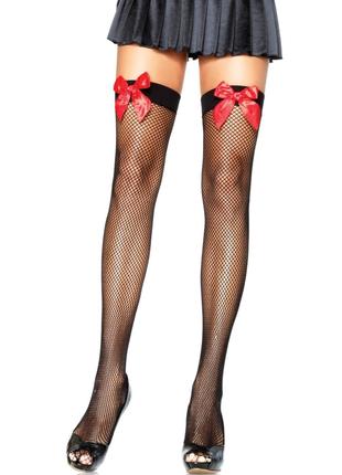 Leg Avenue Fishnet Thigh Highs With Bow OS Black & Red