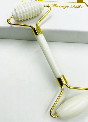 Масажер нефритовий подвійний валик + їжачок із ручкою Білий