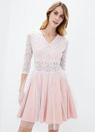 Вечернее платье с кружевом и пышной юбкой, розовое с фатином, ...
