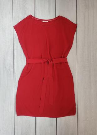 Чрезвычайно мягкое красное прямое натуральное платье с поясом m-l