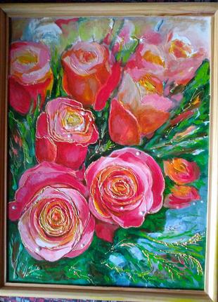 Картина декоративна Букет червоних троянд живопис масло акрил