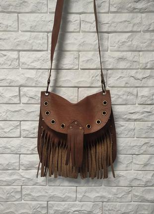 Ковбойская женская сумка бохо кожаная коричневая кроссбод с ба...
