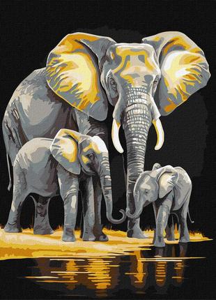 Картина за номерами Сімейство слонів з фарбами металік extra І...
