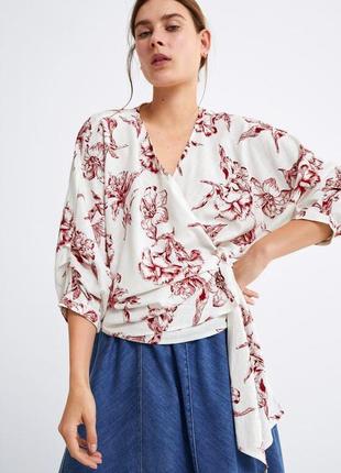 Блуза zara со льном в тропическом стиле оверсайз