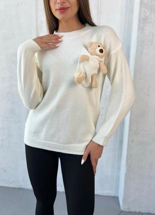 Теплый ангоровый свитер с мишкой, свитер женский на осень