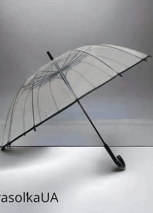 Прозрачный женский зонт-трость в стиле "birdcage", чёрный, пол...