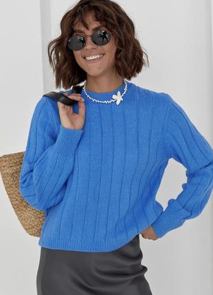 Синий свитер женский вязаный в полоску, стильный свитер на осень