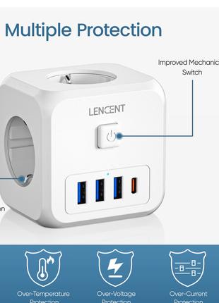 Тройник 16A c адаптером и USB-розетками быстрая зарядка LENCENT