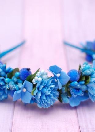 Обруч ободок с цветами сине-голубой